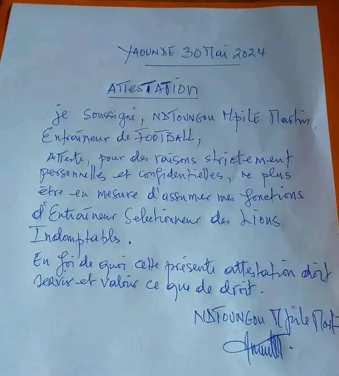 Lettre de démission Ndtoungou Mpilé