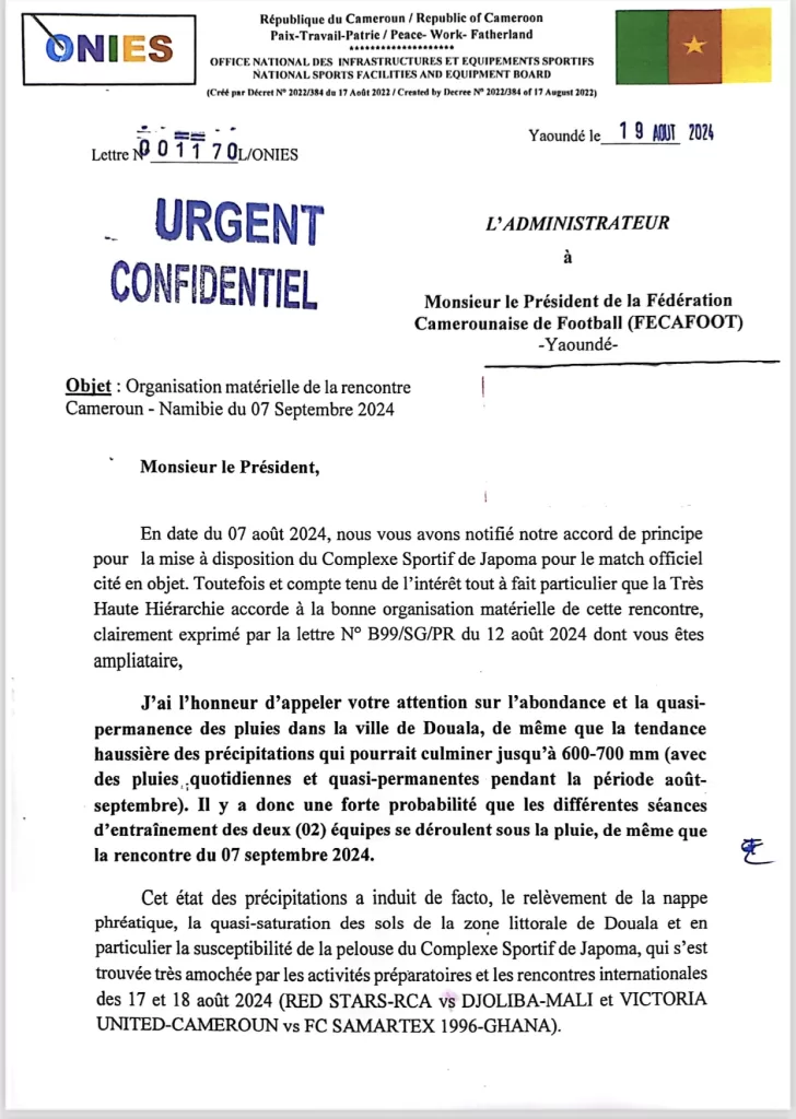 l'ONIES recommande à la Fécafoot de délocaliser le match Cameroun - Namibie à Yaoundé