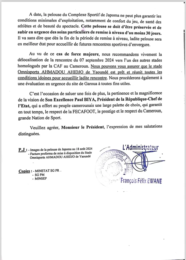 l'ONIES recommande à la Fécafoot de délocaliser le match Cameroun - Namibie à Yaoundé