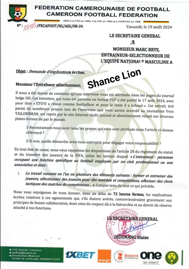 Lions Indomptables: la Fécafoot adresse une demande d'explications à Marc Brys